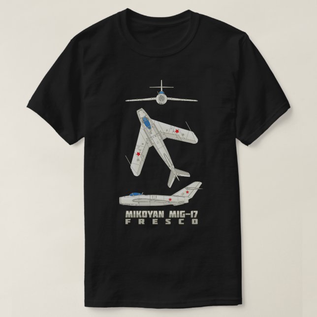 Camiseta Mikoyan MiG17 Fresco - Combatente Russo Jet Plane  (Frente do Design)