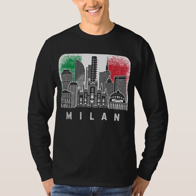 Camiseta Milão Itália Skyline Vintage Flag (Frente)
