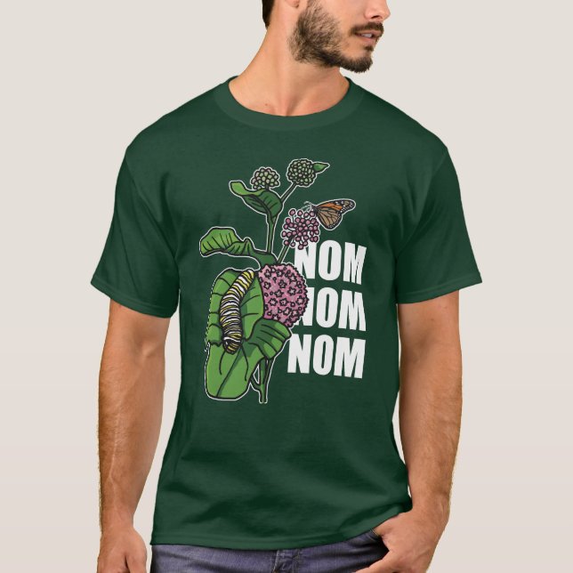 Camiseta Milkweed Nom Nom Nom de Caterpillar da borboleta (Frente)