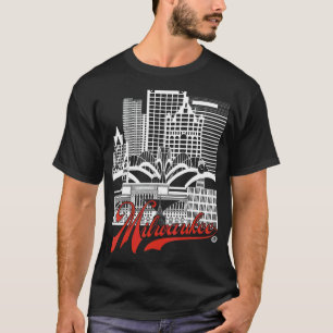 Camiseta Milwaukee Skyline Esquadrado Branco+vermelho em pr