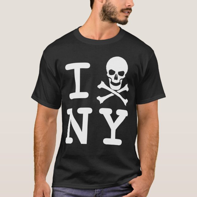 Camiseta Mim (crânio e crossbones) NY, branco no preto (Frente)