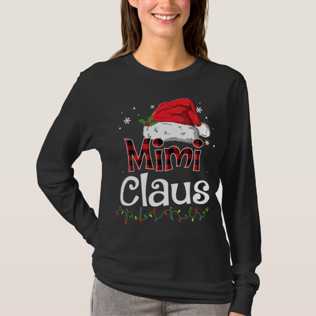 Camiseta Mimi Claus Santa Hat Xadrez Vermelha Buffalo Natal (Frente)