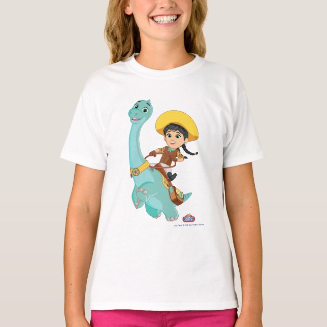 Camiseta Min & Clover | Feliz Cowgirl e Brontosaurus Ride (Frente)