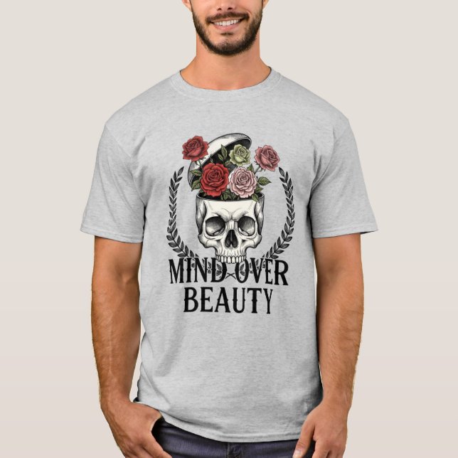Camiseta ​Mind Over Beauty Floral Skull Surreal Art T-Shirt (Frente)