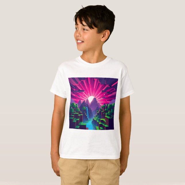 Camiseta Minecraft Pixelelet Sobre Montanhas Bloqueadas (Frente Completa)