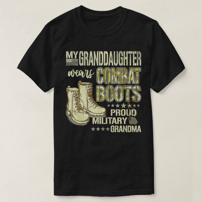 Camiseta Minha neta Veste combatendo botas orgulhosas milit (Frente do Design)