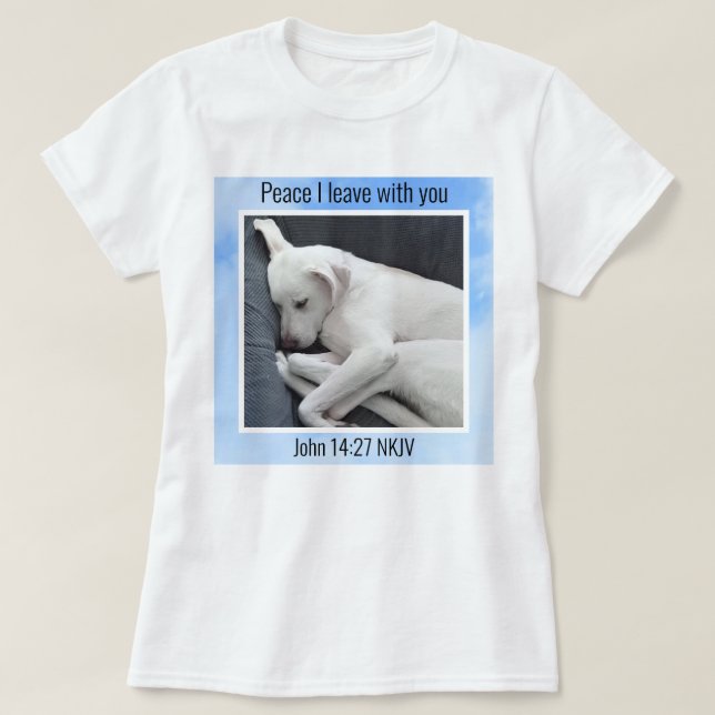Camiseta Minha paz Eu te dou Bíblia Verso Cachorro Azul (Frente do Design)