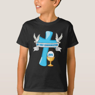 Camiseta Minha Primeira Comunhão 2026 Cruz Cálice Eucaristi
