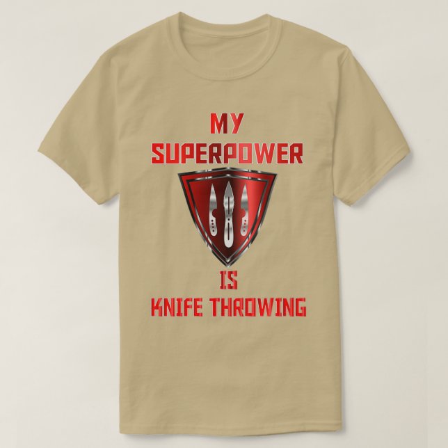 Camiseta Minha Superpotência é a Faca Jogando Crachá Vermel (Frente do Design)