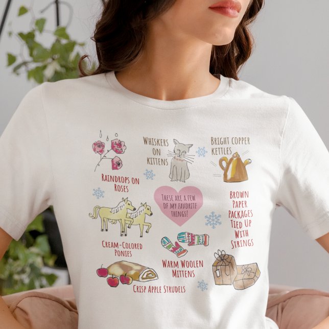 Camiseta Minhas Coisas Favoritas Som de Música Desenhada à  (This cute hand-illustrated My Favorite Things top works for Christmas or Valentine's Day.)