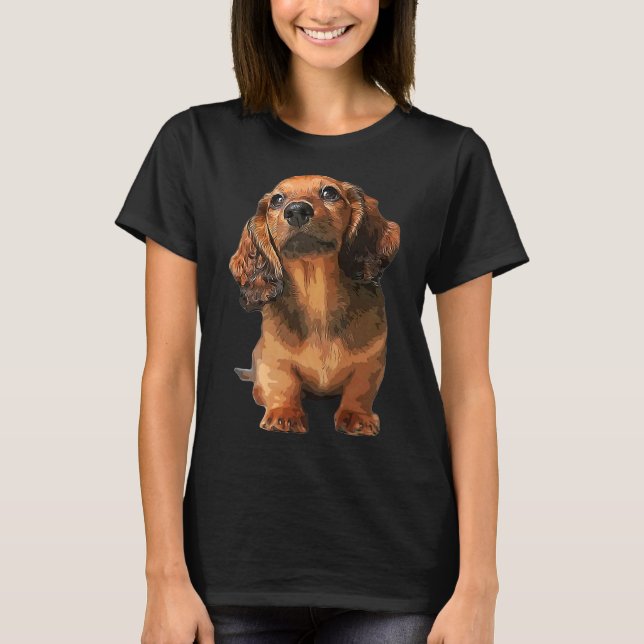 Camiseta Mini Dachshund Long Haired Shaded Red Puppy Dog (Frente)