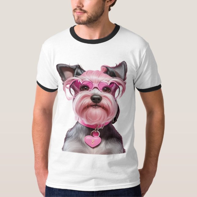 Camiseta Miniatura Adorável Schnauzer, Coração Pink Locking (Frente)