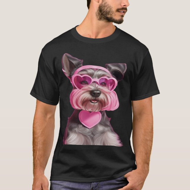 Camiseta Miniatura Adorável Schnauzer, Óculos De Sol Rosa (Frente)