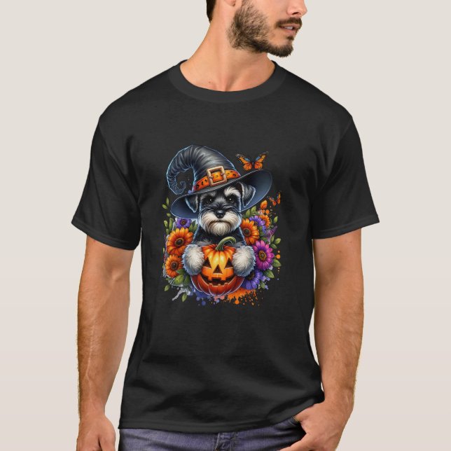 Camiseta Miniatura Schnauzer Cachorro Feiticeiro de Hallowe (Frente)