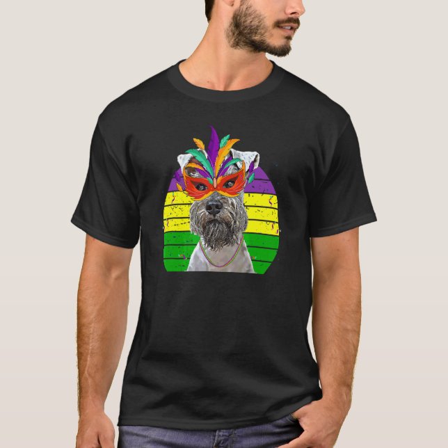 Camiseta Miniatura Schnauzer Mardi Gras Party Dog Mask Bead (Frente)
