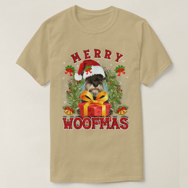 Camiseta Miniatura Schnauzer Merry Xmas Woofmas Luzes Xmas (Frente do Design)