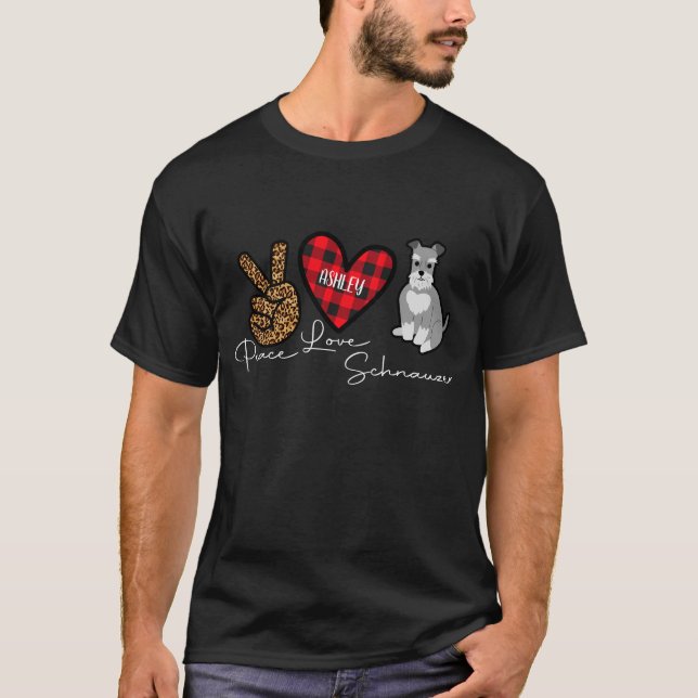 Camiseta Miniatura Schnauzer Xadrez Paz Amor Cão Cachorro (Frente)