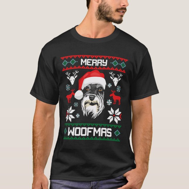 Camiseta Miniature Schnauzer Merry Woofmas Presente de Nata (Frente)