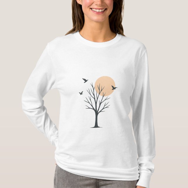 Camiseta Minimal Tree & Birds Sunset Women’s T-Shirt (Frente)