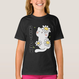Camiseta Minimalist Aesthetic Hello Spring Cat & Daisy 
