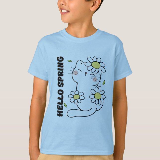 Camiseta Minimalist Aesthetic Hello Spring Cat & Daisy  (Frente)