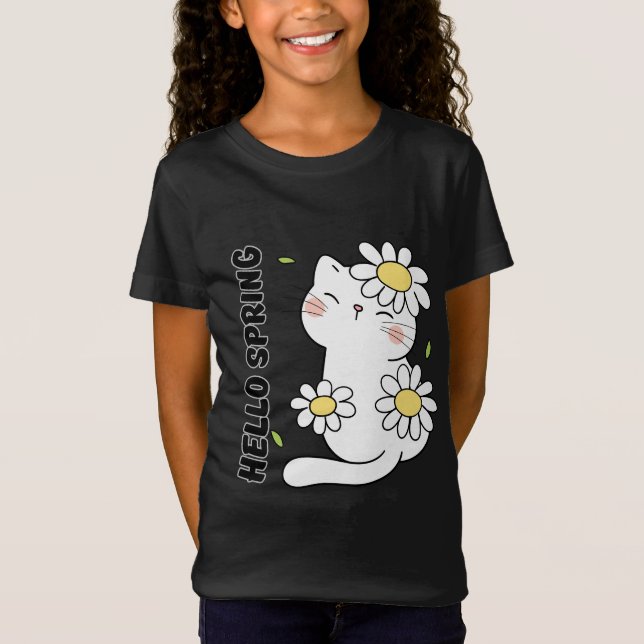 Camiseta Minimalist Aesthetic Hello Spring Cat & Daisy  (Frente)
