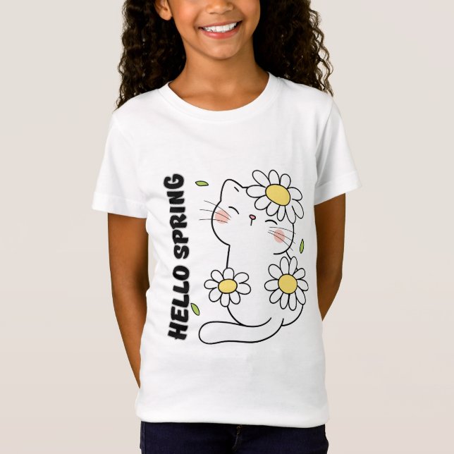 Camiseta Minimalist Aesthetic Hello Spring Cat & Daisy  (Frente)