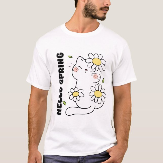 Camiseta Minimalist Aesthetic Hello Spring Cat & Daisy  (Frente)