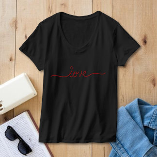 Camiseta Minimalist Red Love Script Black V-Neck T-Shirt