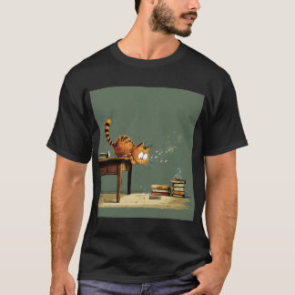 Camiseta Mischief Cat Knocking Books – Whimsical Illustrati