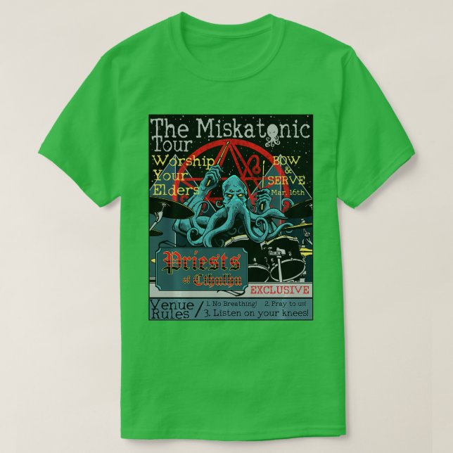 Camiseta Miskatonic nosso horror do concerto de rock do bat (Frente do Design)