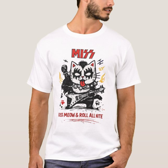 Camiseta MISS – Kiss Meow & Roll All Nite Cat Parody (Frente)