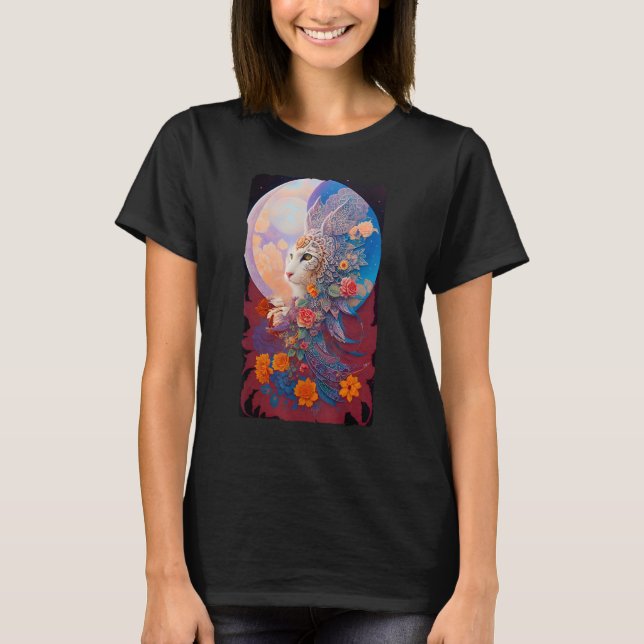 Camiseta Misterioso Gato da Lua Real com Asas e Fluxo de re (Frente)