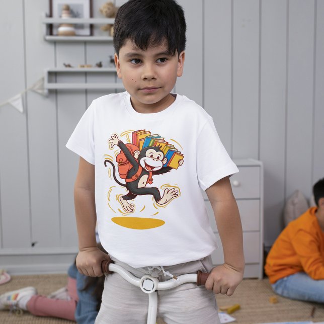 Camiseta Mochila animada da escola de macacos e diversão (Cheerful Monkey School Cartoon Backpack & Book Fun)