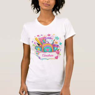 Camiseta Mochila Brilhante Suprimentos Escolares Volta às A