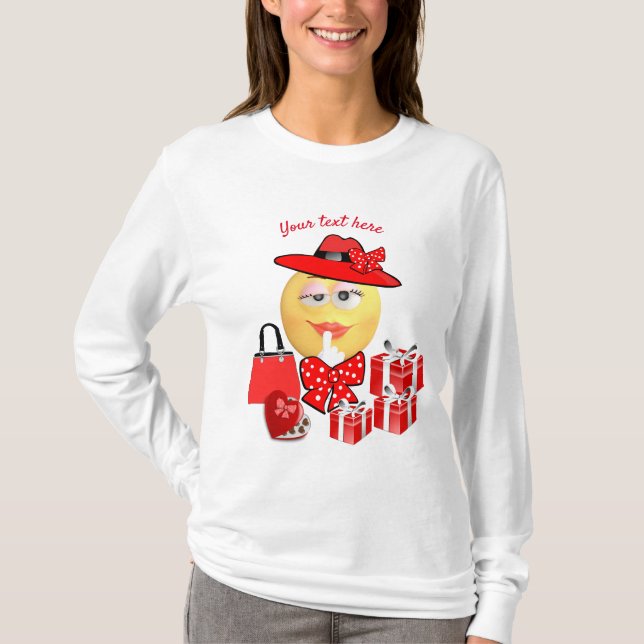Camiseta Moda branca Emoji em vermelho Comprando (Frente)