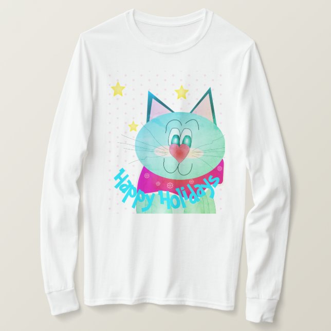 Camiseta Moda de Feriado do Gatinho Turquoise (Frente do Design)