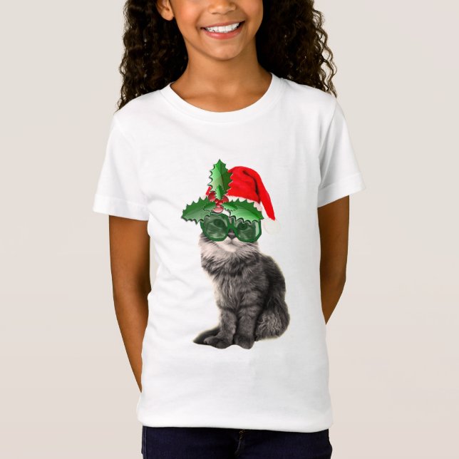 Camiseta Moda Gato posando com chapéu de Papai Noel (Frente)