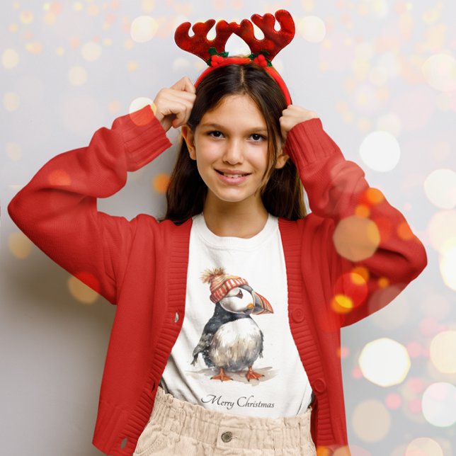 Camiseta Moda Infantil Costeira de Puffim de Natal (Criador carregado)
