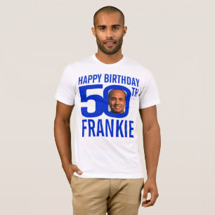 Camiseta Modelo de foto de nome personalizado azul de 50 an