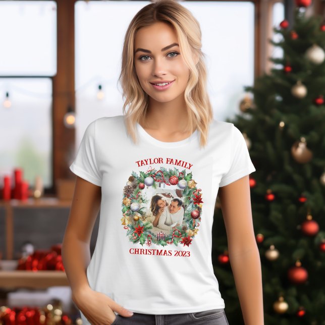 Camiseta Modelo de Fotografia da Família Wreath de Natal (Criador carregado)
