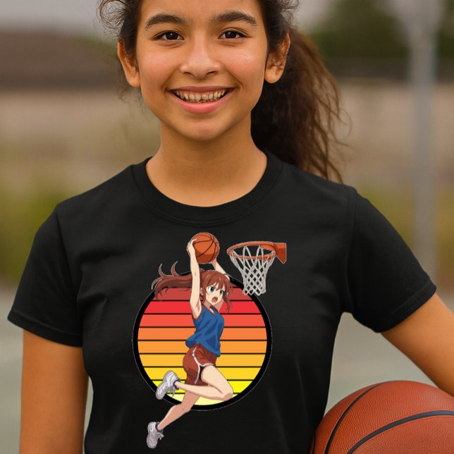 Camiseta Modelo de garota de anime basquetebol em pôr do so (Criador carregado)
