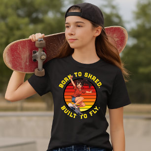 Camiseta Modelo de Garota Skatista Anime em Pôr do Sol Retr