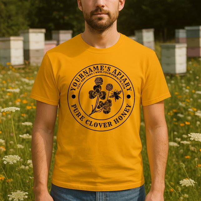 Camiseta Modelo de rótulo de mel de trevo de apiário de abe (Criador carregado)