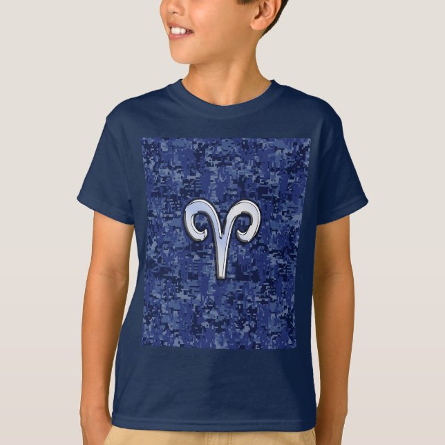 Camiseta Modern Aries Zodiac Símbolo Marinho Azul Camo Digi (Frente)
