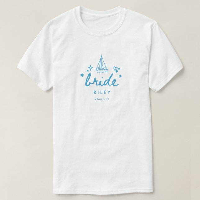 Camiseta Modern Blue Bride's Name Script Lake Bachelorette (Frente do Design)