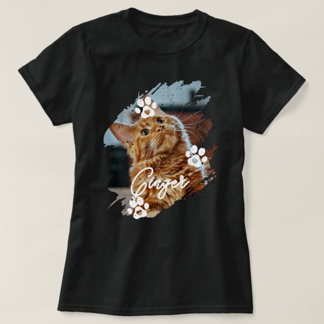 Camiseta Modern Brushstroke Pet Cat Photo & Name (Frente do Design)