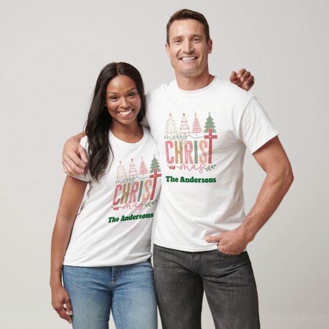 Camiseta Modern Merry Christ mas Family Name Matching  (Unissex)