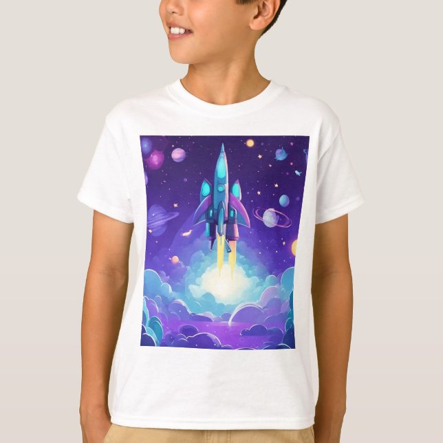 Camiseta Modern Rocket Ship Kids T Shirt Purple (Frente)