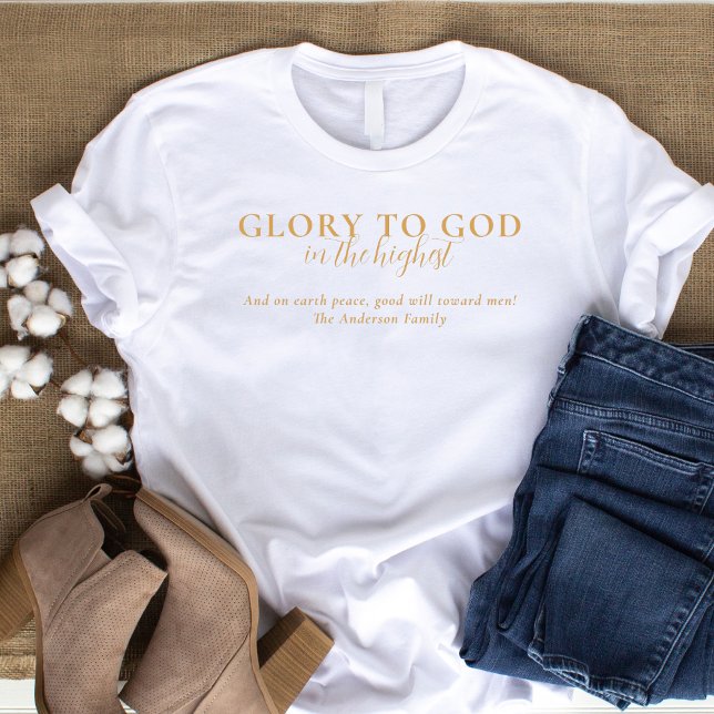 Camiseta Moderna fé religiosa cristã baseada no branco Dour (Christianfaith-based t-shirt with Bible verse Luke 2:14 "Glory to God in the Highest")